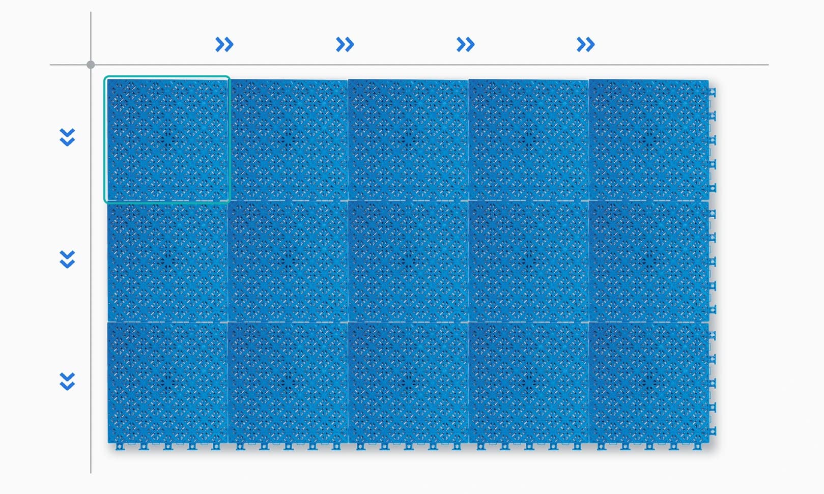 Fifteen photographed blue Arena X300 tiles shown as a connected field with right-pointing arrows above and downward arrows along the left side.