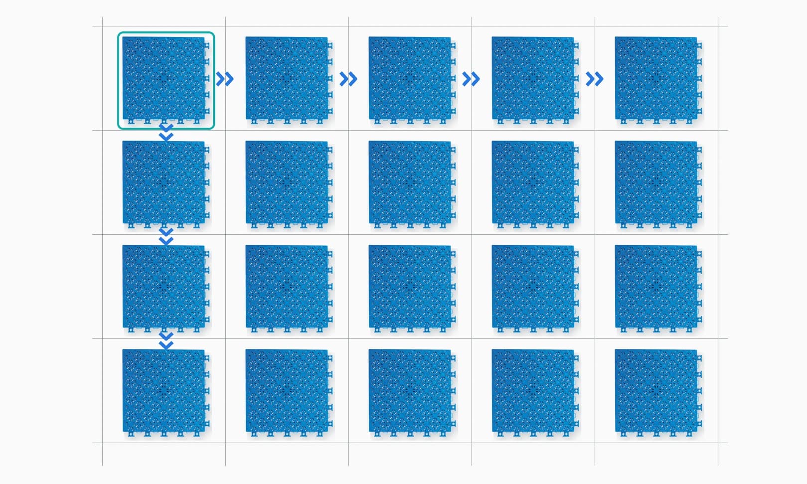 Twenty photographed blue Arena X300 tiles staged in four rows with right-pointing arrows and downward arrows between tiles in the first column.