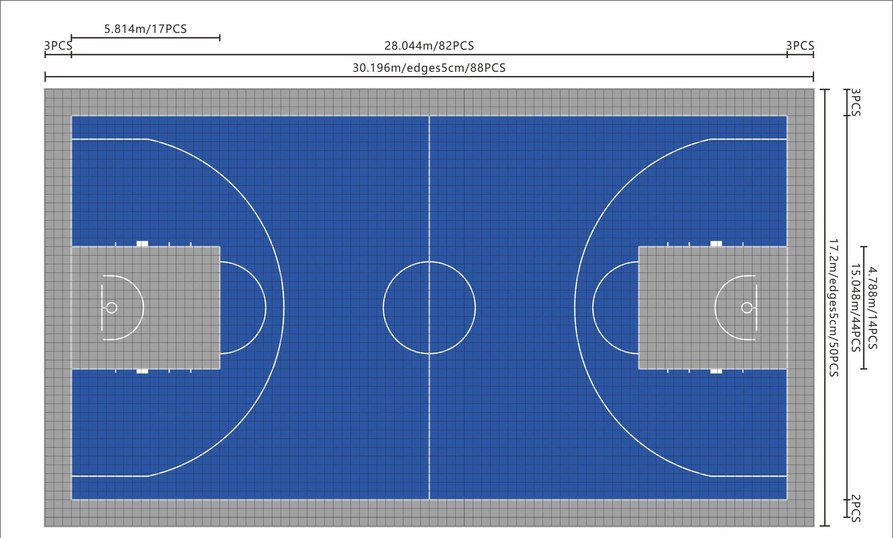 An anonymized Courtily basketball court layout showing a blue and gray tile grid, dimensions, piece counts, court lines, and edge planning.