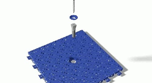 Tool-secured fastener being positioned through a blue modular Court Tile