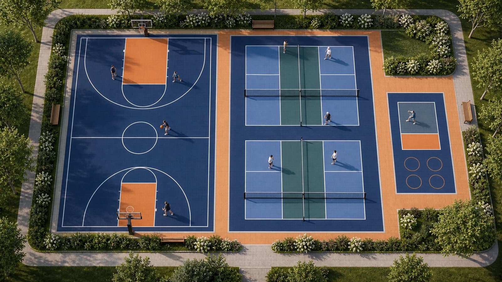 Original top-down concept rendering of a commercial basketball and pickleball layout.