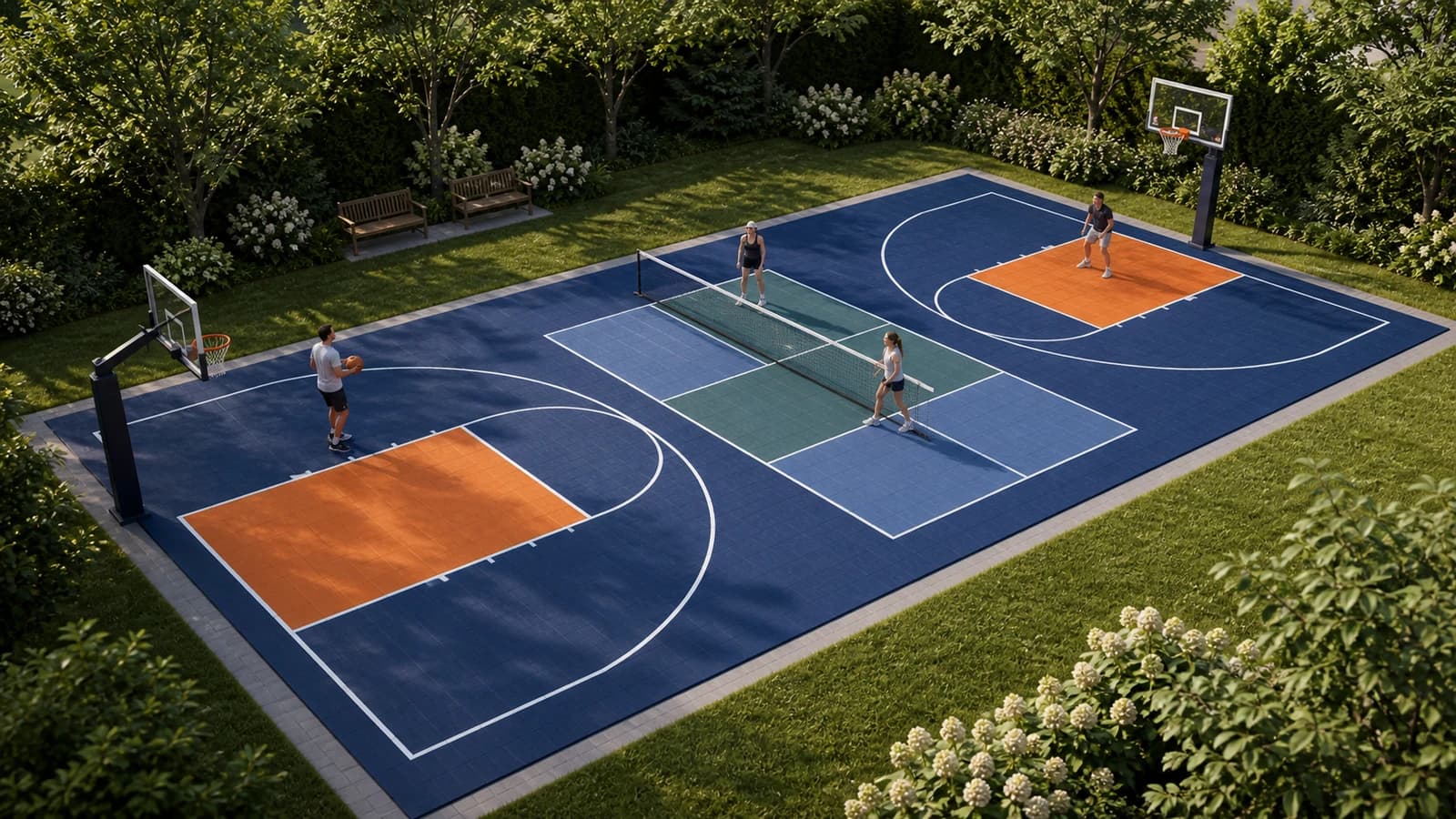Original concept rendering of a compact shared multi-sport court.