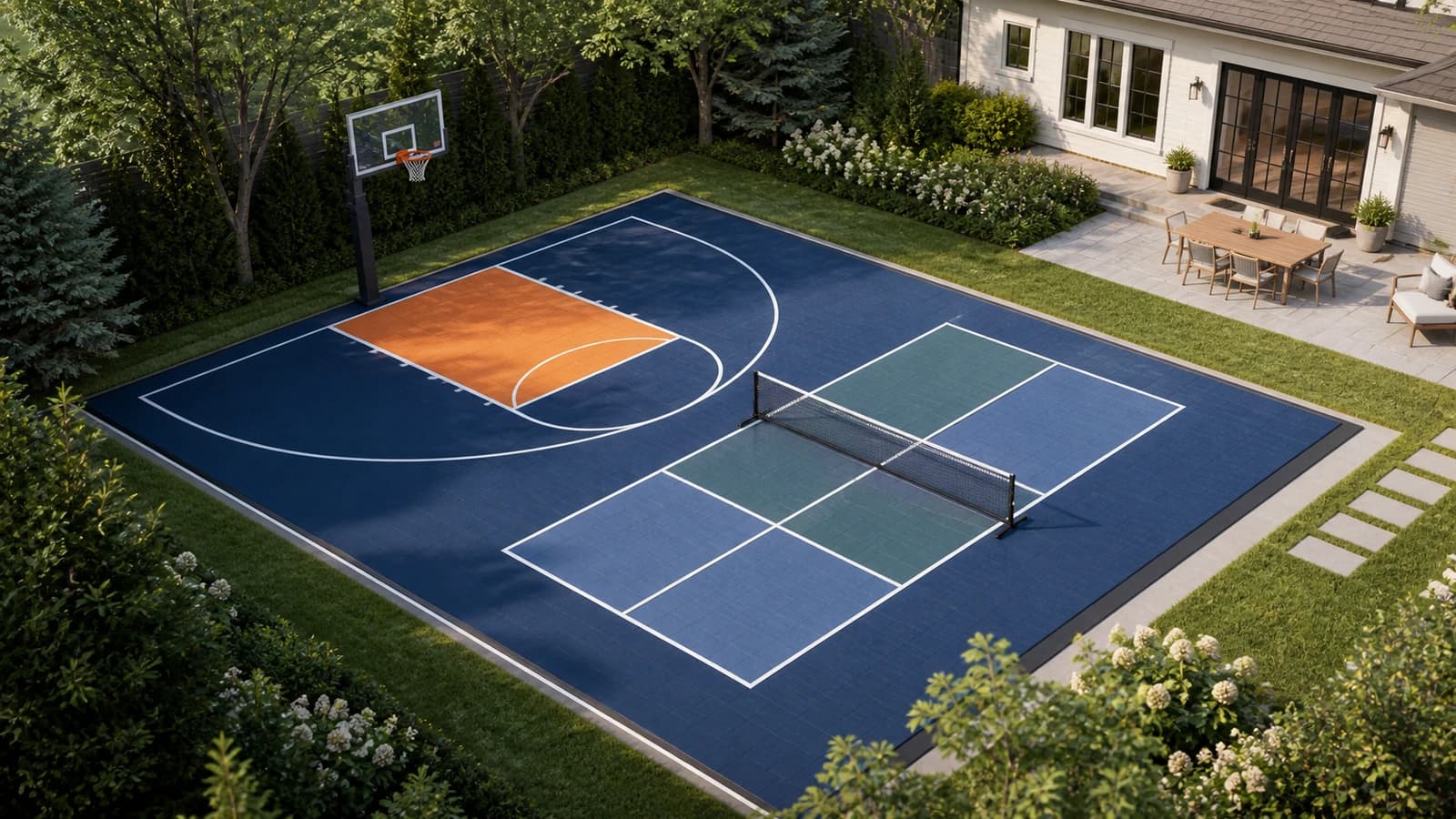 Original concept rendering of a residential backyard court combining basketball and pickleball.