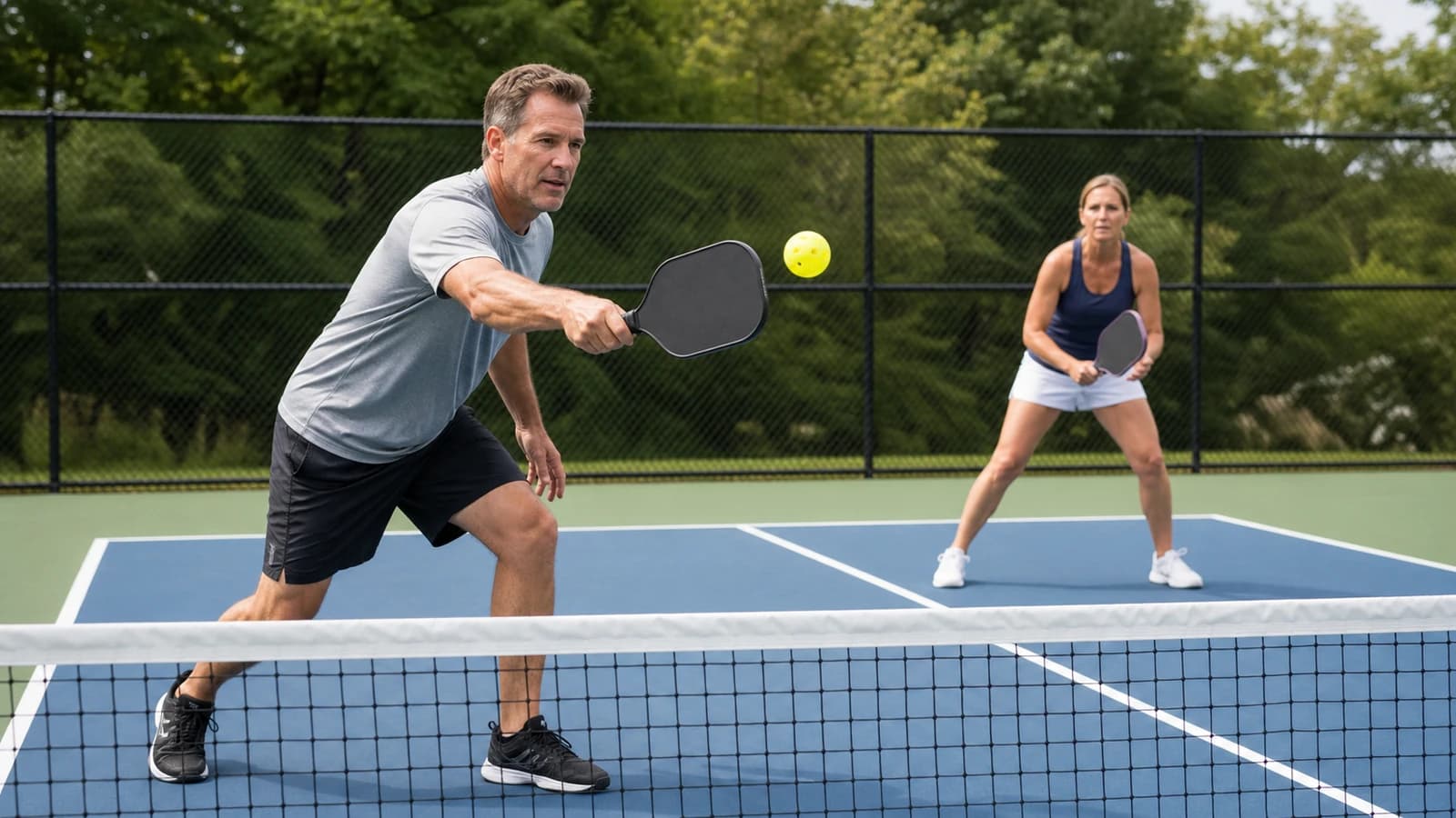 Two adult recreational players rallying with pickleball paddles on a blue and green outdoor court.