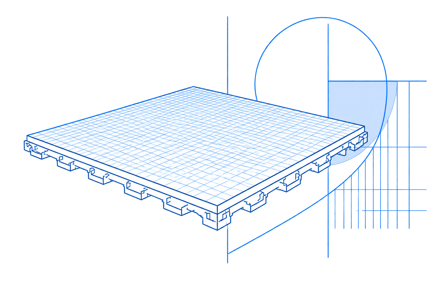 Technical line illustration of an interlocking modular court tile