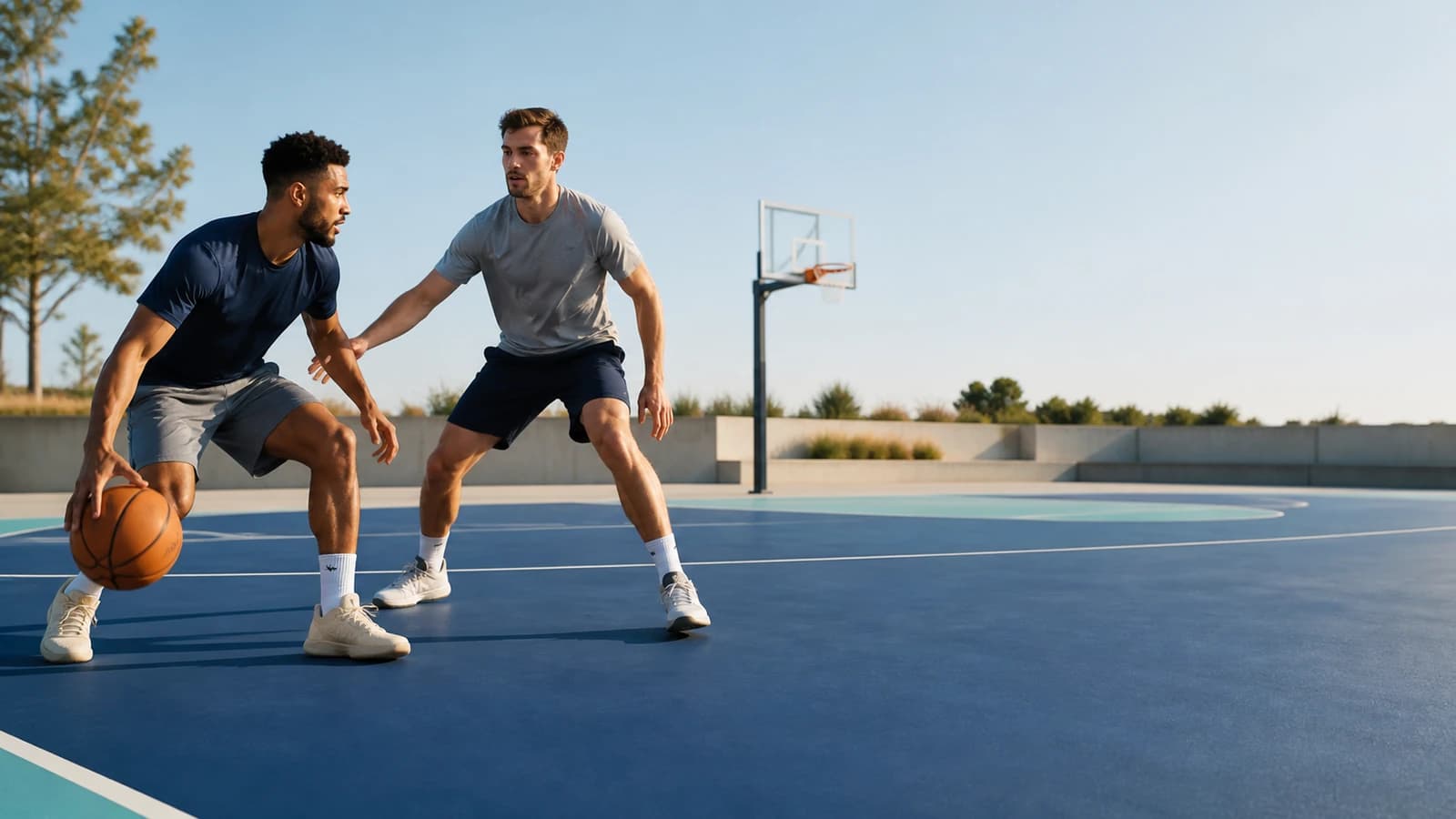 Two adult recreational basketball players facing each other on a blue outdoor court in daylight.